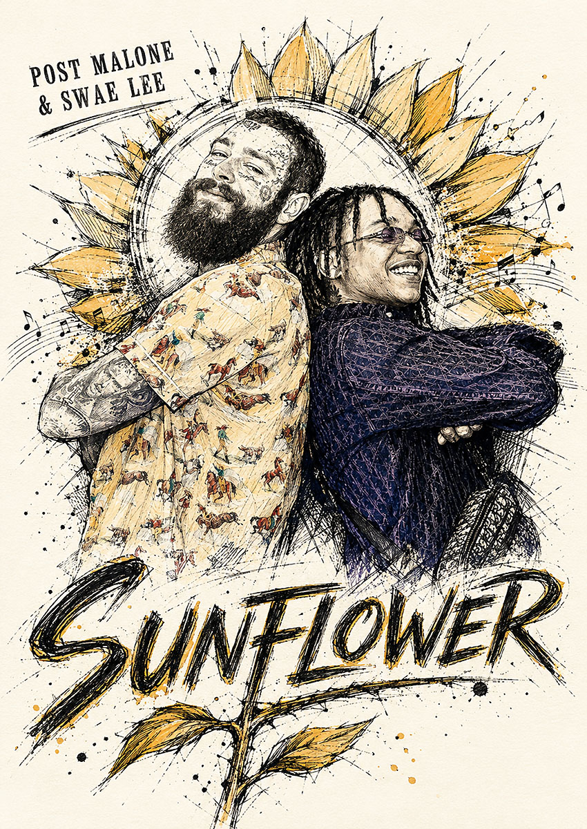 Detailed illustrative artwork of Post Malone and Swae Lee with a sunflower motif background